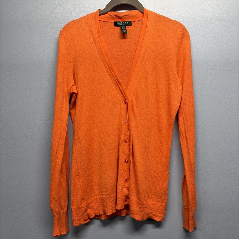 Ralph Lauren Cardigan Sweater Size S - Orange Linen Blend Button Front V Neck